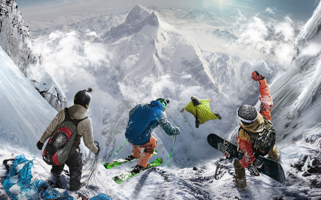 Snowboarders jumping mountain air background free wallpaper for desktop - medium preview image