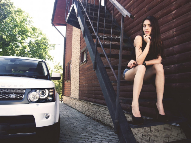 Woman sitting stairs white car free wallpaper for desktop - medium preview image