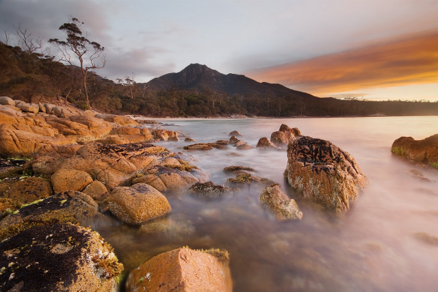 Rocky beach mountain sunset longexposure free wallpaper for desktop - medium preview image