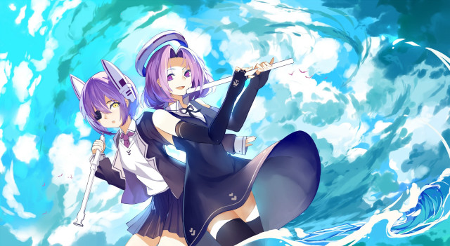 Anime girls blue wave sword free wallpaper for desktop - medium preview image