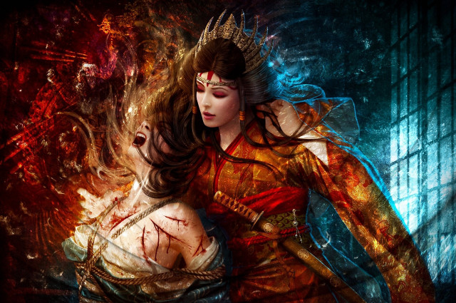 Woman sword demon shoulder red free wallpaper for desktop - medium preview image