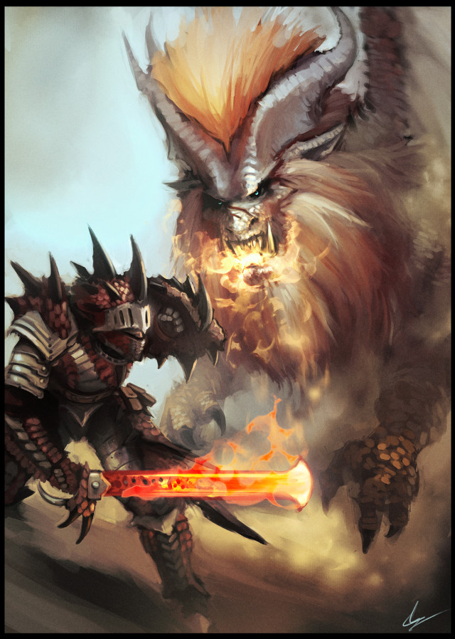 Demonic creatures fighting sword painting free wallpaper for mobile - medium preview image