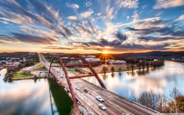 Sunset bridge river cityscape clouds free wallpaper for desktop - medium preview image