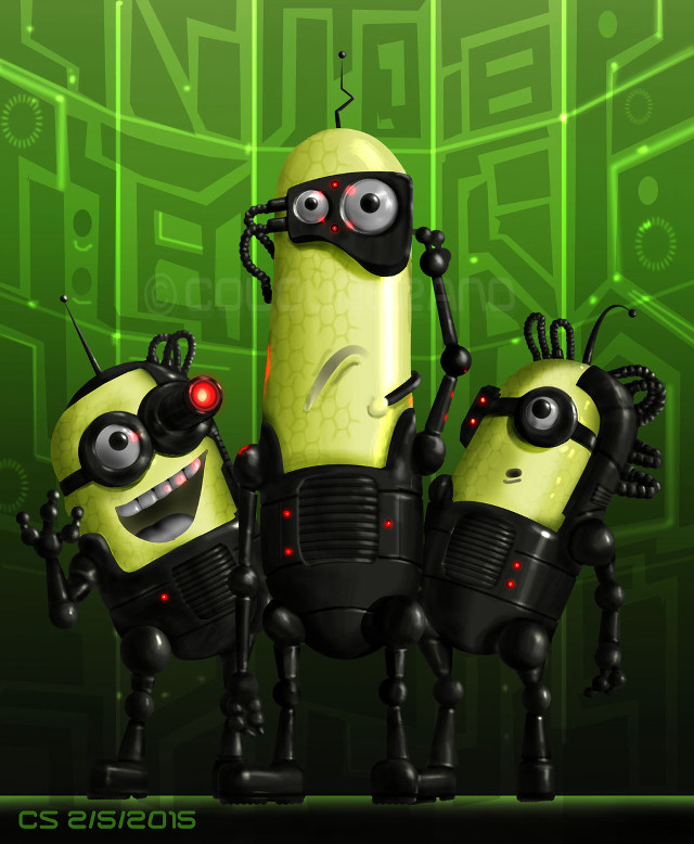 Three little robots green background free wallpaper for mobile - medium preview image