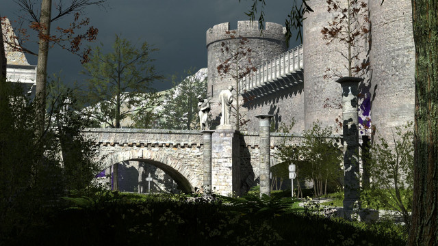 Castle bridge statue trees dark free wallpaper for desktop - medium preview image