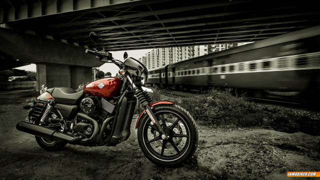 Red motorcycle train bridge cinematic free wallpaper for desktop - medium preview image