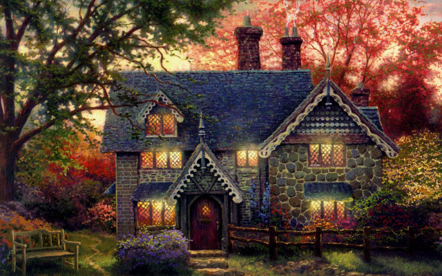 House bench trees flowers painting free wallpaper for desktop - medium preview image