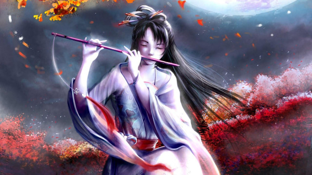 Woman kimono flute tree leaves free wallpaper for desktop - medium preview image