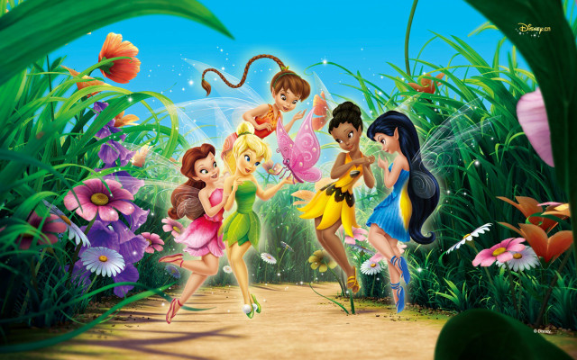Cartoon tinkerbells running forest flowers free wallpaper for desktop - medium preview image