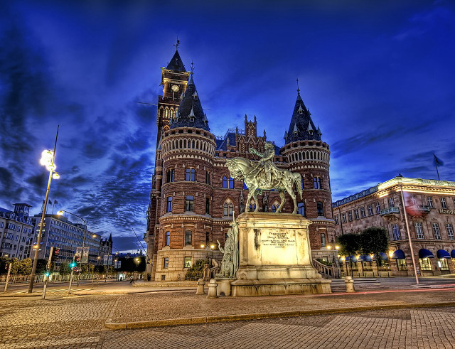 Horse rider statue clocktower night free wallpaper for desktop - medium preview image
