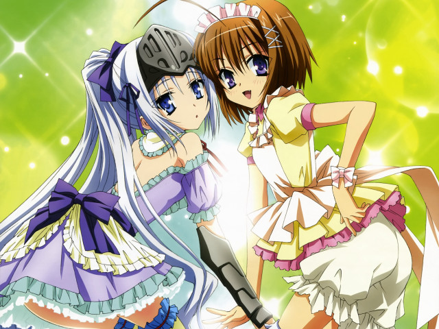 Anime girls dresses helmets green free wallpaper for desktop - medium preview image