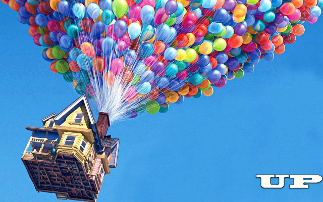 House balloons floating blue sky free wallpaper for desktop - medium preview image