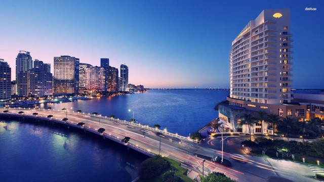 City skyline bridge river nighttime free wallpaper for desktop - medium preview image