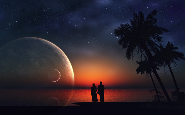 Couple beach moonrise ocean distant free wallpaper for desktop - medium preview image