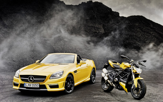 Yellow sports car motorcycle mountain free wallpaper for desktop - medium preview image