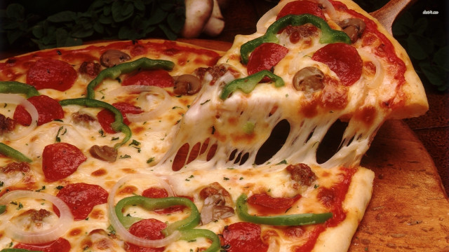 Pizza pepperoni delicious cheese slices free wallpaper for desktop - medium preview image