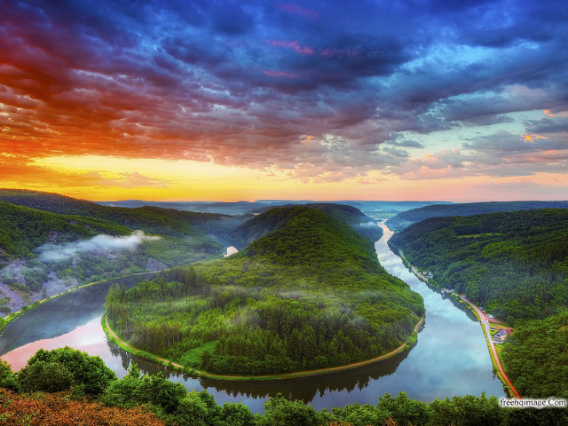 River lush green valley cloudy free wallpaper for desktop - medium preview image