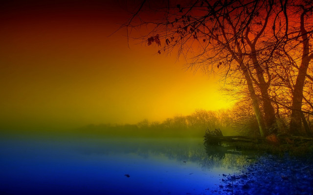 Sunset lake trees boat water free wallpaper for desktop - medium preview image