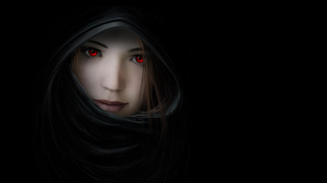 Woman red eyes black hoodie free wallpaper for desktop - medium preview image