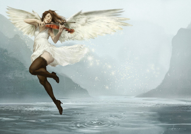 Woman wings violin water mountains free wallpaper for desktop - medium preview image