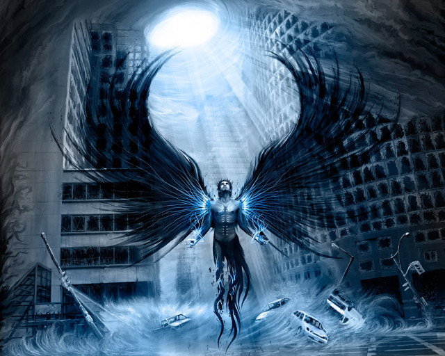 Man with wings in city free wallpaper for desktop - medium preview image