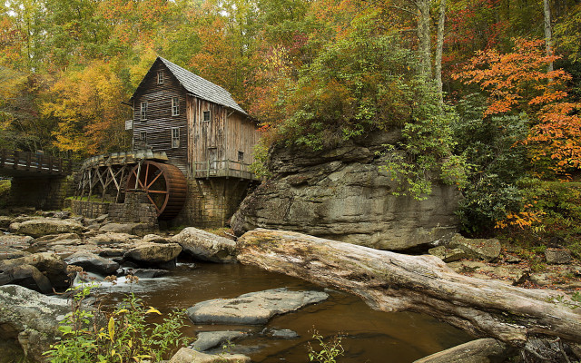 Wooden water mill woods stream free wallpaper for desktop - medium preview image