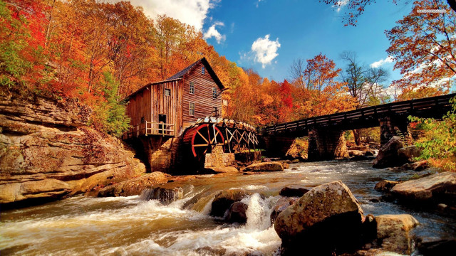 Wooden mill river bridge walkway free wallpaper for desktop - medium preview image