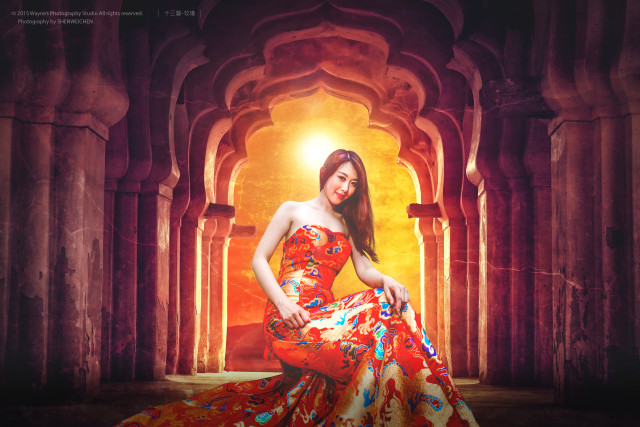 Woman red yellow dress posing free wallpaper for desktop - medium preview image