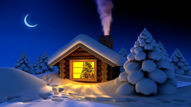 Small cabin snow lit window free wallpaper for desktop - medium preview image