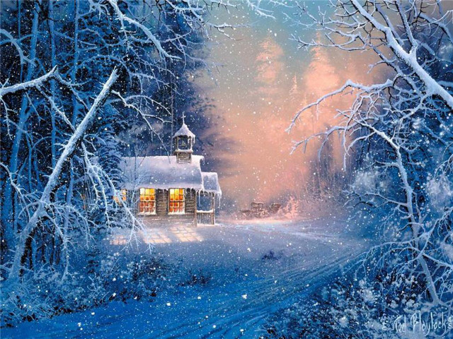 Snowy scene house trees road free wallpaper for desktop - medium preview image