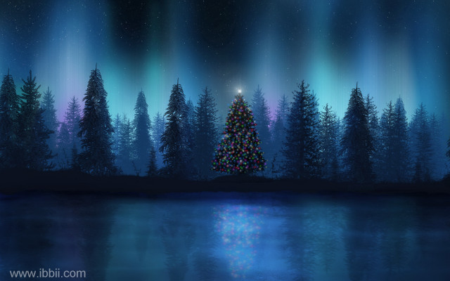 Christmas tree night lake forest free wallpaper for desktop - medium preview image