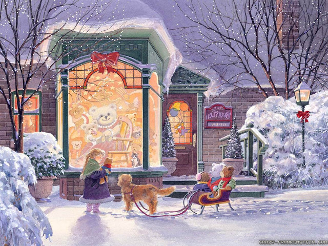 Woman dogs snowy town christmas free wallpaper for desktop - medium preview image