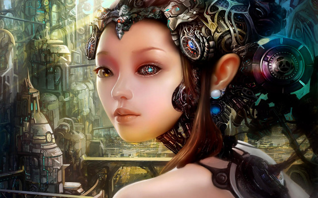 Woman futuristic headpiece city background free wallpaper for desktop - medium preview image