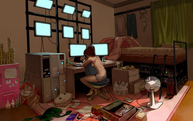 Woman sitting desk room computer free wallpaper for desktop - medium preview image