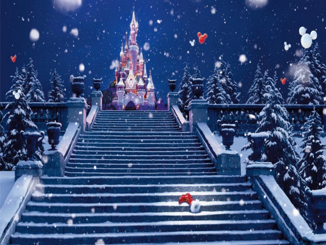 Snow covered castle staircase santa free wallpaper for desktop - medium preview image
