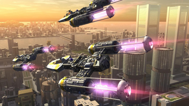 Futuristic city flying vehicles sunset free wallpaper for desktop - medium preview image