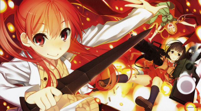 Girl red hair sword fire free wallpaper for desktop - medium preview image