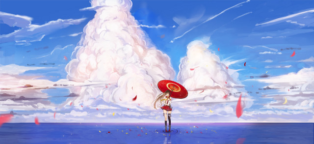 Person holding red umbrella standing free wallpaper for desktop - medium preview image