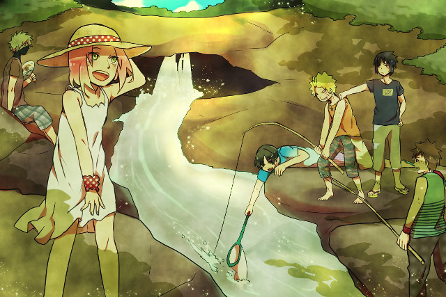 Cliff river waterfall group man free wallpaper for desktop - medium preview image