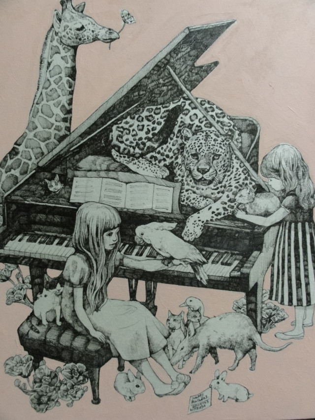 Girl playing piano animals giraffes free wallpaper for mobile - medium preview image