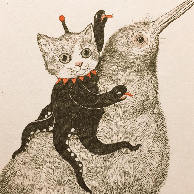 Cat penguin bird drawing image free wallpaper for tablet - medium preview image