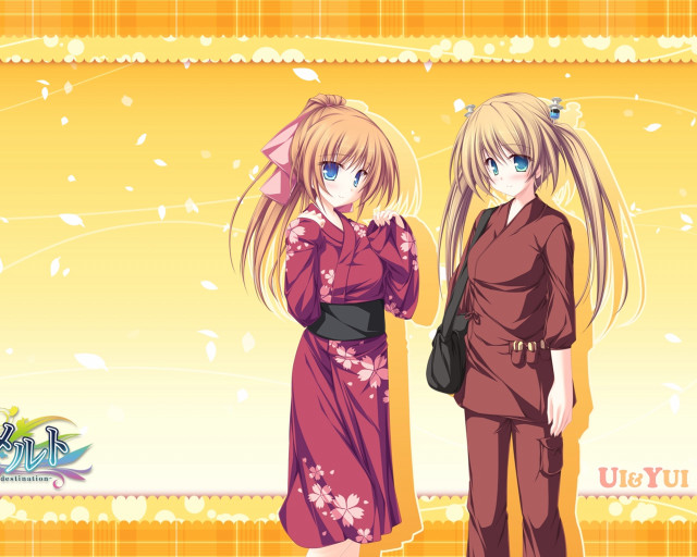 Anime girls yellow background leaves free wallpaper for desktop - medium preview image
