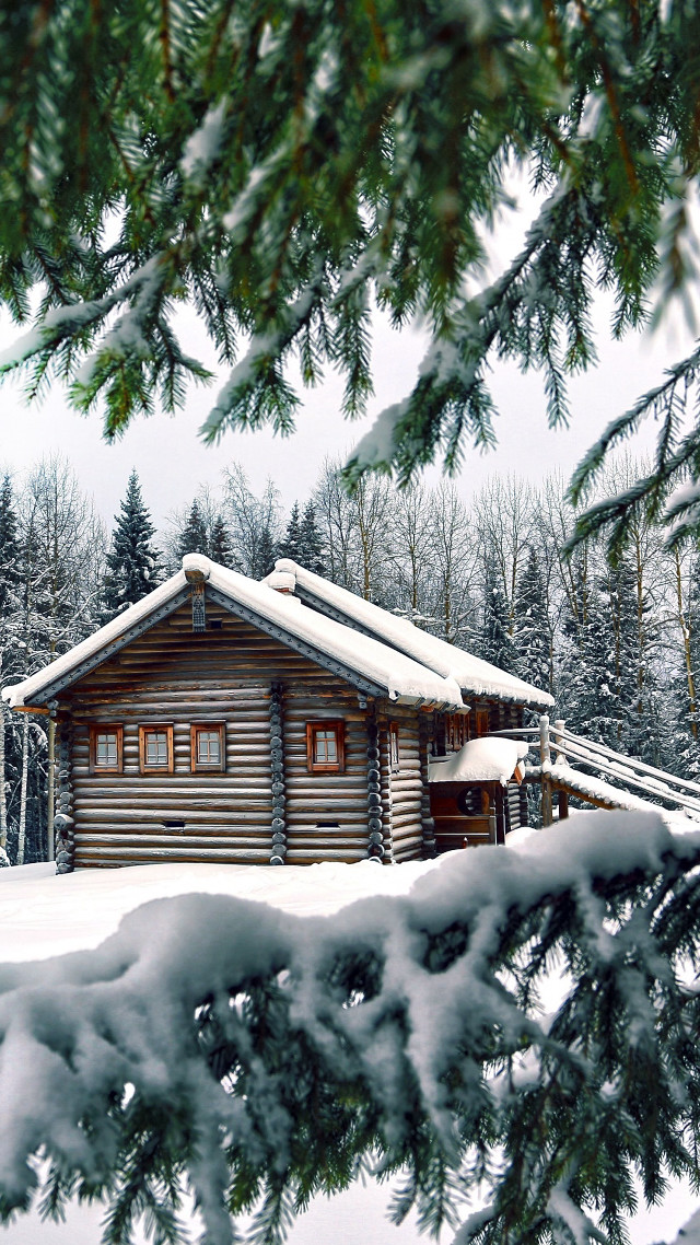 Snowy log cabin east asian free wallpaper for mobile - medium preview image