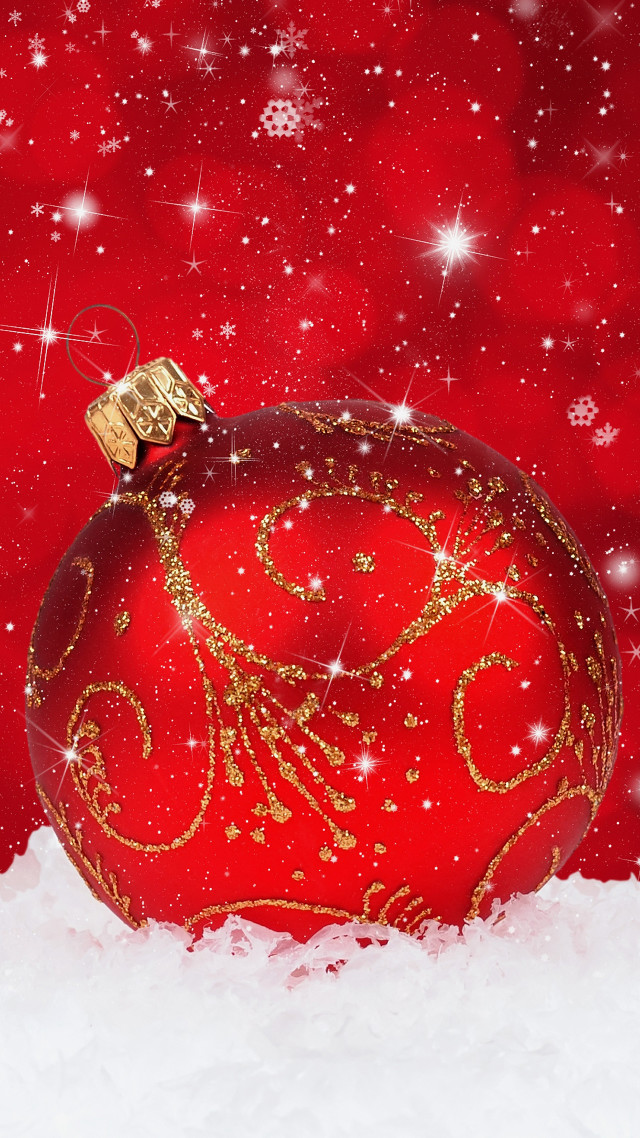 Red ornament gold ribbon snow free wallpaper for mobile - medium preview image