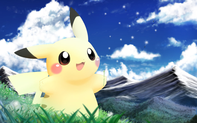 Pikachu sitting grass mountains background free wallpaper for desktop - medium preview image