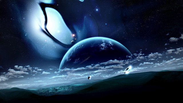 Space scene distant planet surfboard free wallpaper for desktop - medium preview image