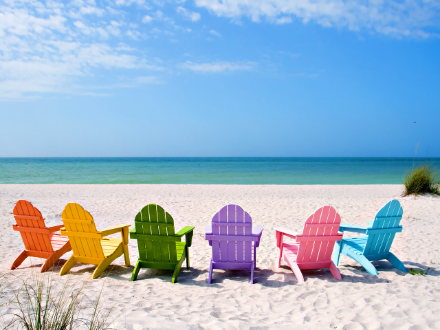 Colorful chairs sandy beach ocean free wallpaper for desktop - medium preview image