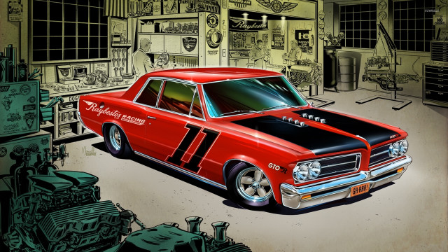 Red car garage machine shop free wallpaper for desktop - medium preview image