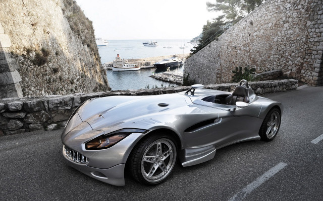 Silver sports car street water free wallpaper for desktop - medium preview image