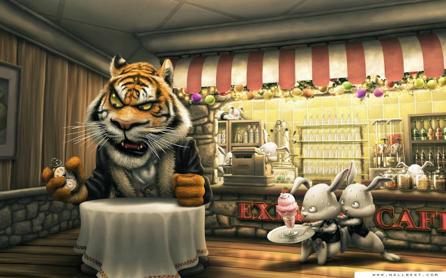 Tiger sitting table small animal free wallpaper for desktop - medium preview image